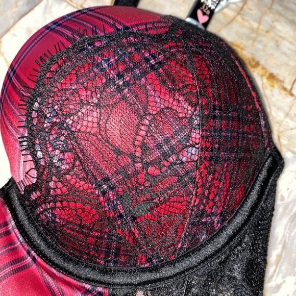 New 36C VS VERY SEXY Bombshell Add-2-Cups Push-Up Corset Top Red Plaid Shine - Picture 6 of 13